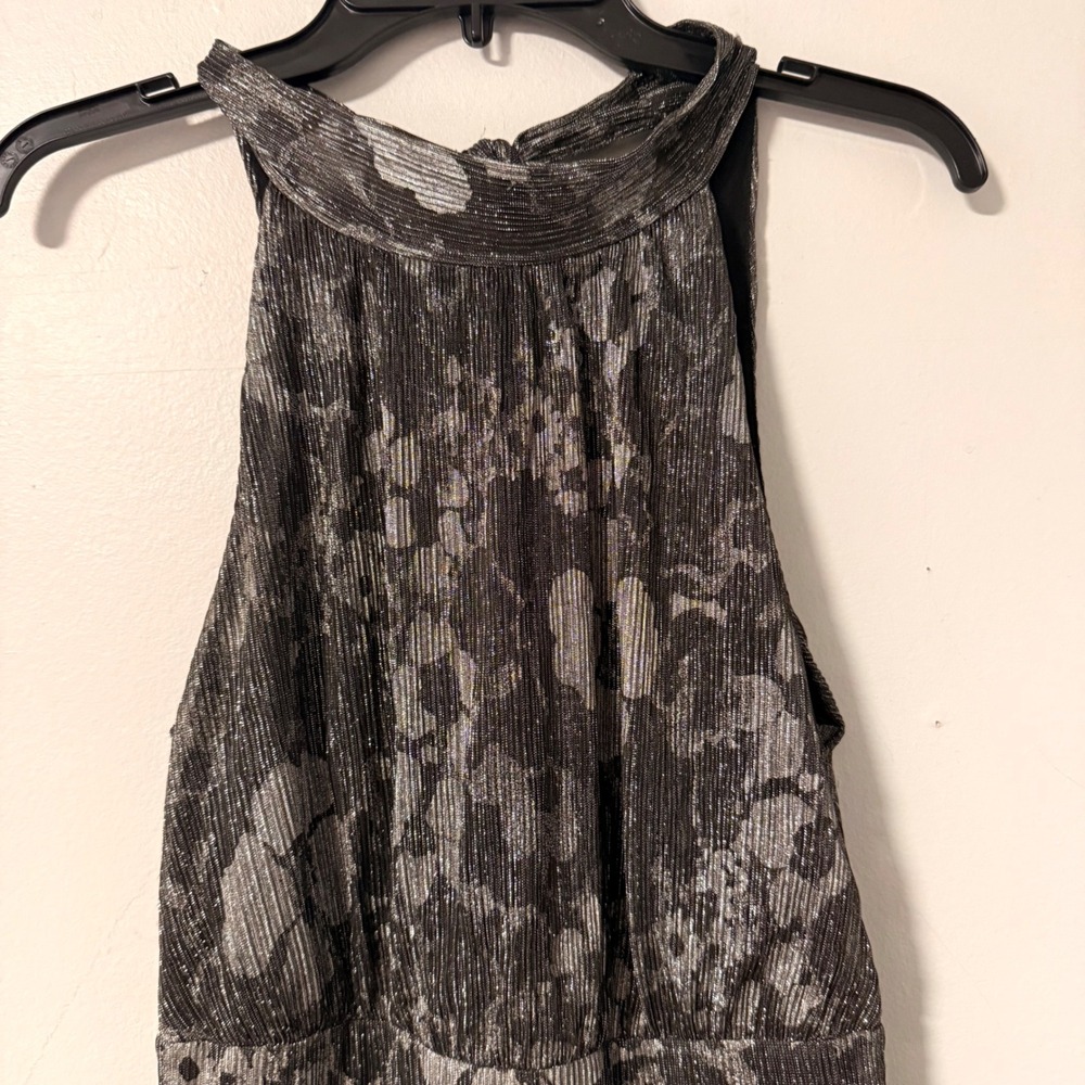 Michael Kors Metallic Floral Print Midi Dress Halter Neck‎ Flowy Ruffle Hem M - Picture 3 of 15
